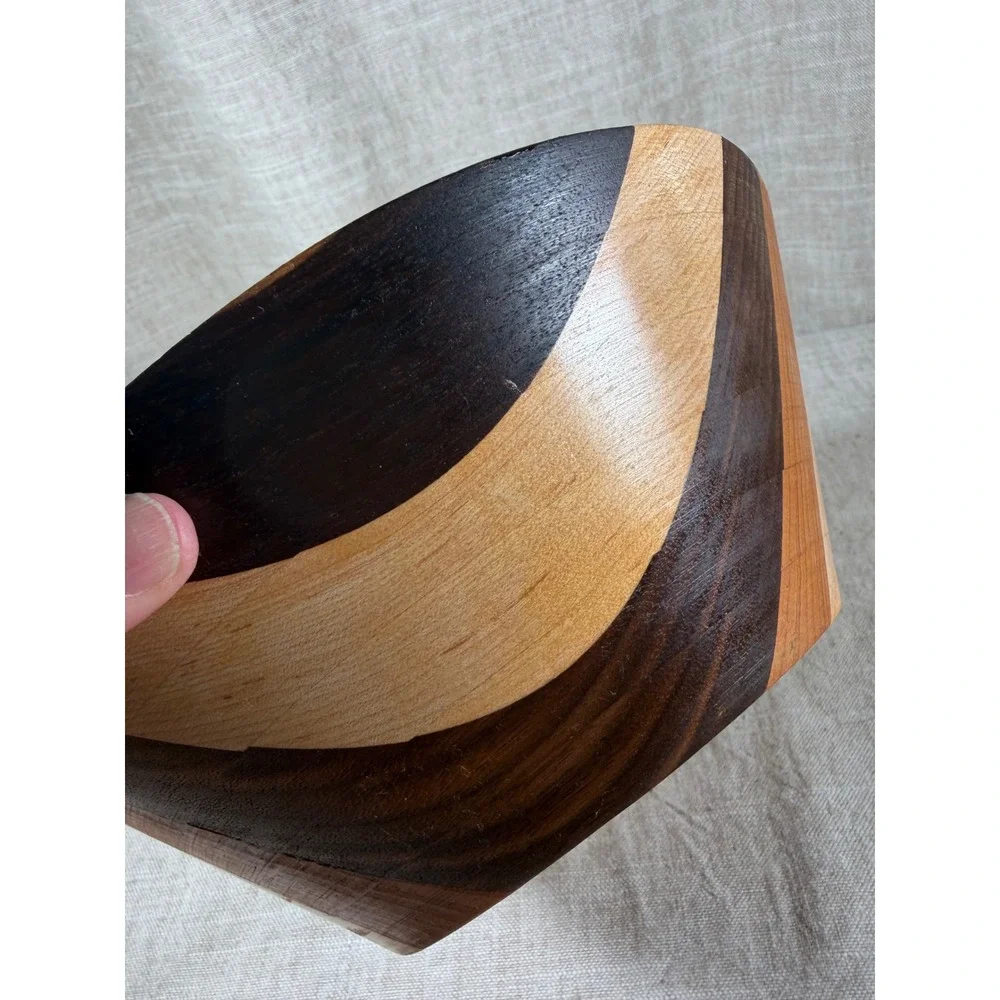 Wooden Striped Bowl Good Vintage Handcrafted Mixed Wood Inlay Geometric 9.5in